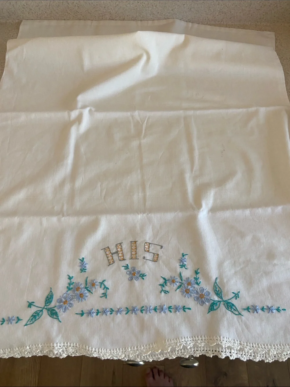 Vintage White Embroidered HIS and HERS Pillow Shams with Blue Floral Accents